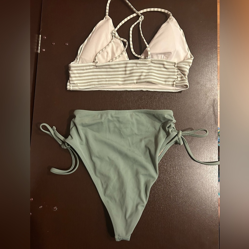 Striped White and Green Bikini Set having top a size 2 bottoms are xs